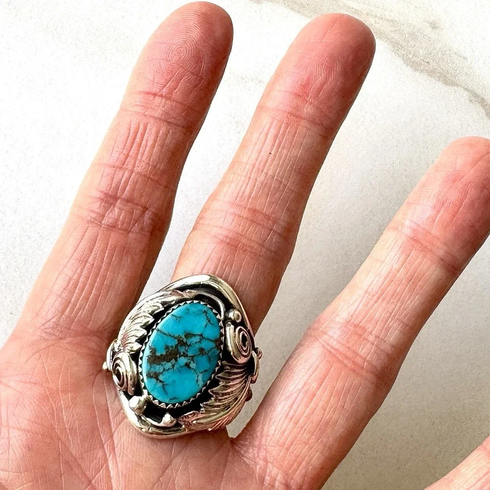 Navajo Turquoise Mens Ring Sz 11 Leaf Feather Signed Morgan Sterling Native Amer